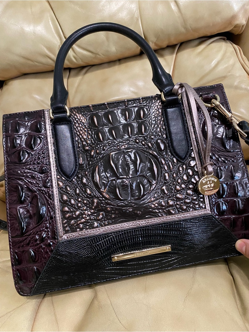 SALE! Brahmin Ironwood Alzette Satchel Plum Black Pewter Croc Camille